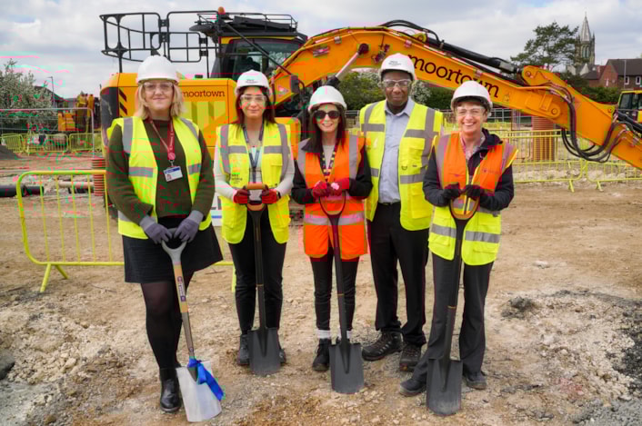 Middlecross 6: Councillor Jess Lennox (Leeds City Council’s executive member for housing), Zoe Griffiths (project manager for the West Yorkshire Combined Authority), Madeleine Edwards (Leeds City Council's head of housing management) , Nicholas Kiwomya (development manager for the West Yorkshire Combined Authority) and Juliet Duke (service manager for extra care at Leeds City Council) at the Middlecross site.