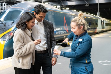 (L-R): Vidya Patel and Nirmal Chohan celebrate their engagement at Euston station with Avanti West Coast