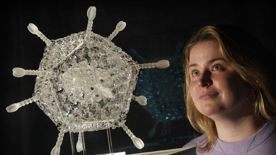 Curator Sophie Goggins with Sculpture of the Oxford-AstraZeneca Covid-19 vaccine in glass by Luke Jerram. The artwork is on display in Injecting Hope, a new exhibition at the National Museum of Scotland today.

Photo ©  Stewart Attwood