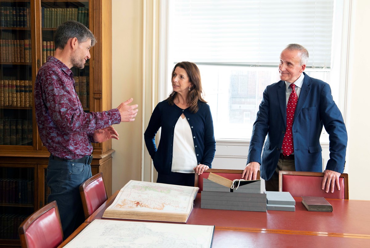 Library Map Curator Chris Fleet, Marissa Lippiatt, Head of Resource Efficiency for Zero Waste Scotland, and National Librarian Dr John Scally