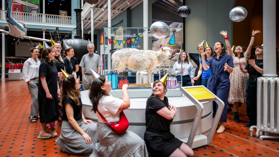 Staff at the National Museum of Scotland celebrate with Dolly the sheep ahead of her birthday on Sun 5 Jul. Image © Andy Catlin-3