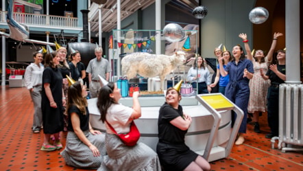 Staff at the National Museum of Scotland celebrate with Dolly the sheep ahead of her birthday on Sun 5 Jul. Image © Andy Catlin-3