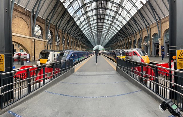 Network Rail completes once-in-a-generation scheme at King’s Cross: Trains on the new King's Cross platforms (l-r) Thameslink, Hull Trains, Grand Central and LNER.