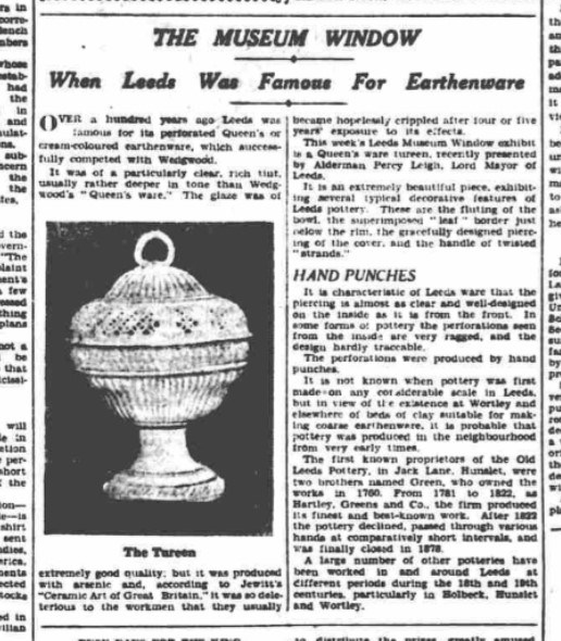 Museum Windows project: Clipping from the Yorkshire Evening Post in 1936 featuring the original Museum Windows project.