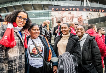 Cllr Kaya Comer-Schwartz, left, at Emirates Stadium with members of the Love and Loss group (from left) Jessica Plummer, Paige Noel-Appleton and Jakadi Appleton