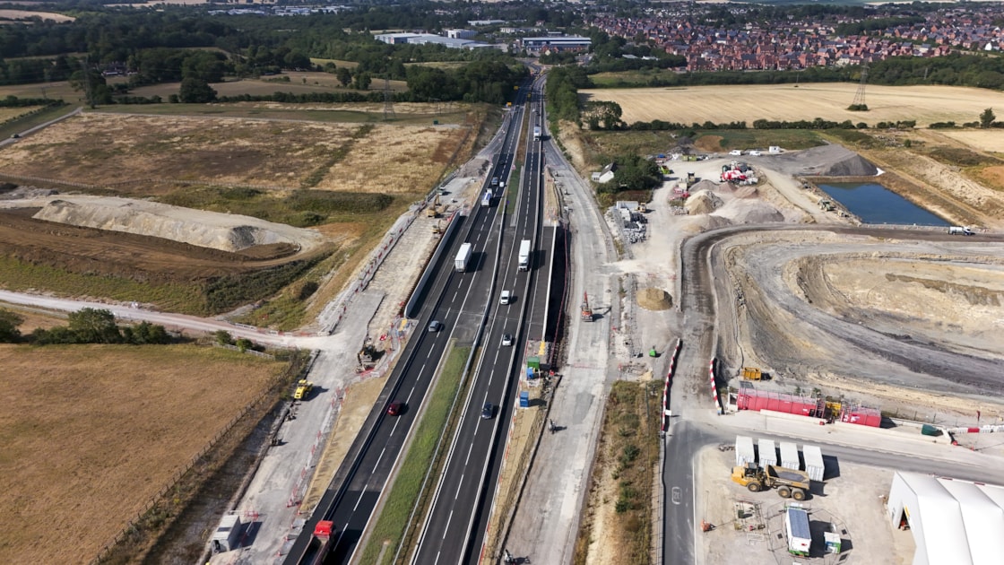 A43 looking towards Brackley with the two carriageways realigned across the new HS2 bridge July 2026