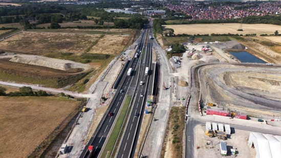 A43 looking towards Brackley with the two carriageways realigned across the new HS2 bridge July 2026: A43 looking towards Brackley with the two carriageways realigned across the new HS2 bridge July 2026
