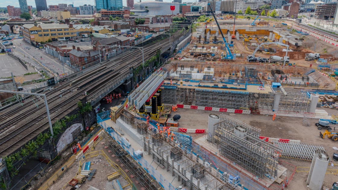 The first two beams for Curzon Street station in position alongside the railway into New Street June 2026