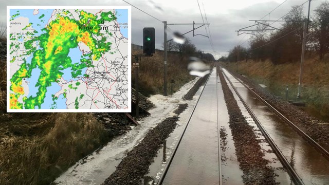 Incoming torrential rain prompts West Coast main line travel warning: Current radar picture and stock images of WCML flooding