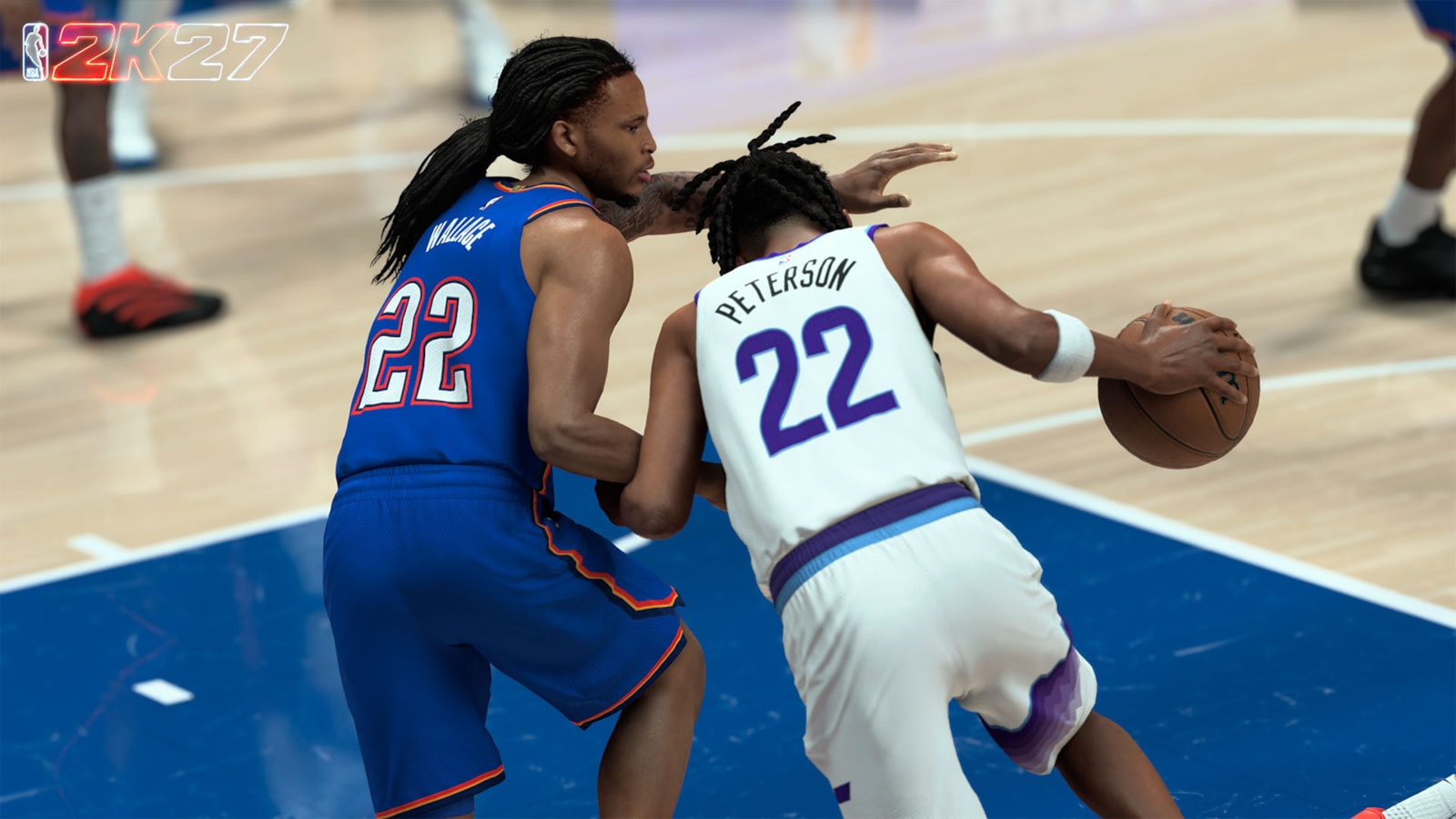 Two defenders hand-checking and closing out on a ball handler in NBA 2K27