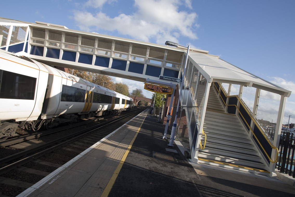 New Footbridge at Staplehurst station: Staplehurst passengers now have step-free access between the station entrance and both platforms following a multi-million pound national station accessibility investment to make the railway more accessible for everyone.