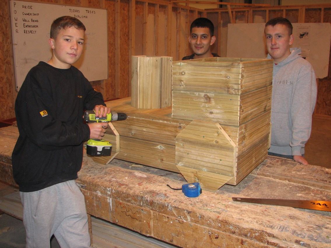 Blackrod station planters: l-r Jake Orchard (16) who first had the idea of creating the station planters, with fellow students Waqas Akhtar (15) and Joshua Rothwell-Poole at the POWERWAVE Skills Centre in Rivington. (Nov 2012)