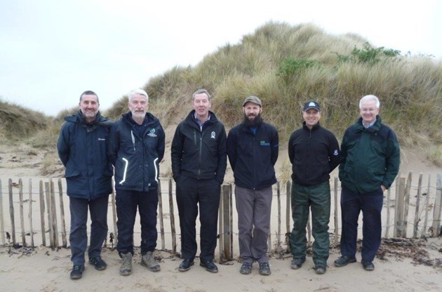 West Sands partners: West Sands Partnership (L- R): Cllr Keith McCartney - chair of partnership; Ranald Strachan Eden Estuary Reserve Manager; Gordon Moir  - Director of Green Keeping The Links Trust; Gavin Johnson – Operations officer – Scottish Natural Heritage; James Hutchinson Biodiversity Officer  - The Links Trust; Richard Smith – Lead Biodiversity and Natural Heritage Officer, Fife Council.
Photo copyright Scottish Natural Heritage (SNH), free one-time use.