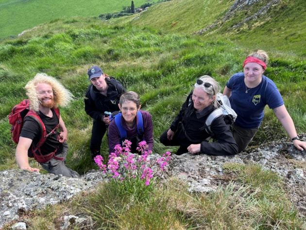 L to R Volunteers Lewis Donaghy, Alex Paterson, Judy Leslie, Clare Johnstone and Aimee Moretti surveying east of the Kips on Dumyat ©Matt Harding