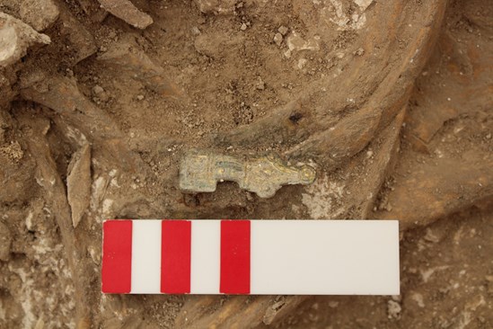 HS2 excavations of an Anglo Saxon burial ground in Wendover-11: A copper alloy small square headed brooch decorated with gold gilt, part of a set, from the 5th or 6th century, uncovered during HS2 archaeological work in Wendover.

Tags: Anglo Saxon, Archaeology, Grave goods, History, Heritage, Wendover, Buckinghamshire