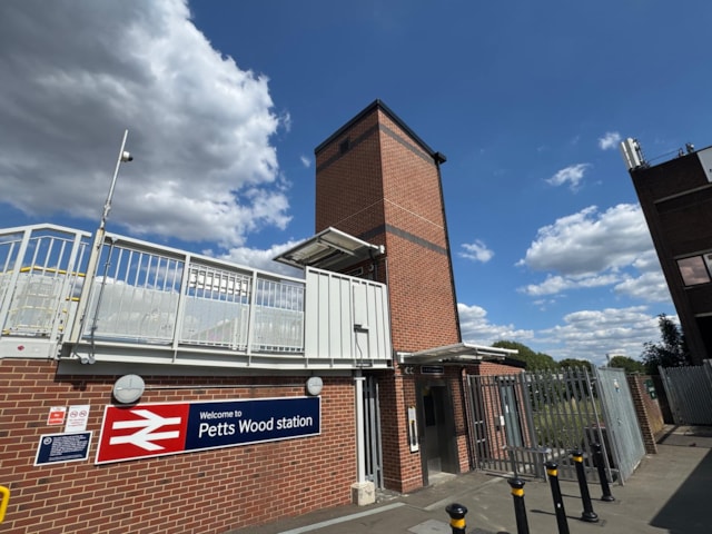 Petts Wood station - view of lift shaft from western side: Petts Wood station - view of lift shaft from western side