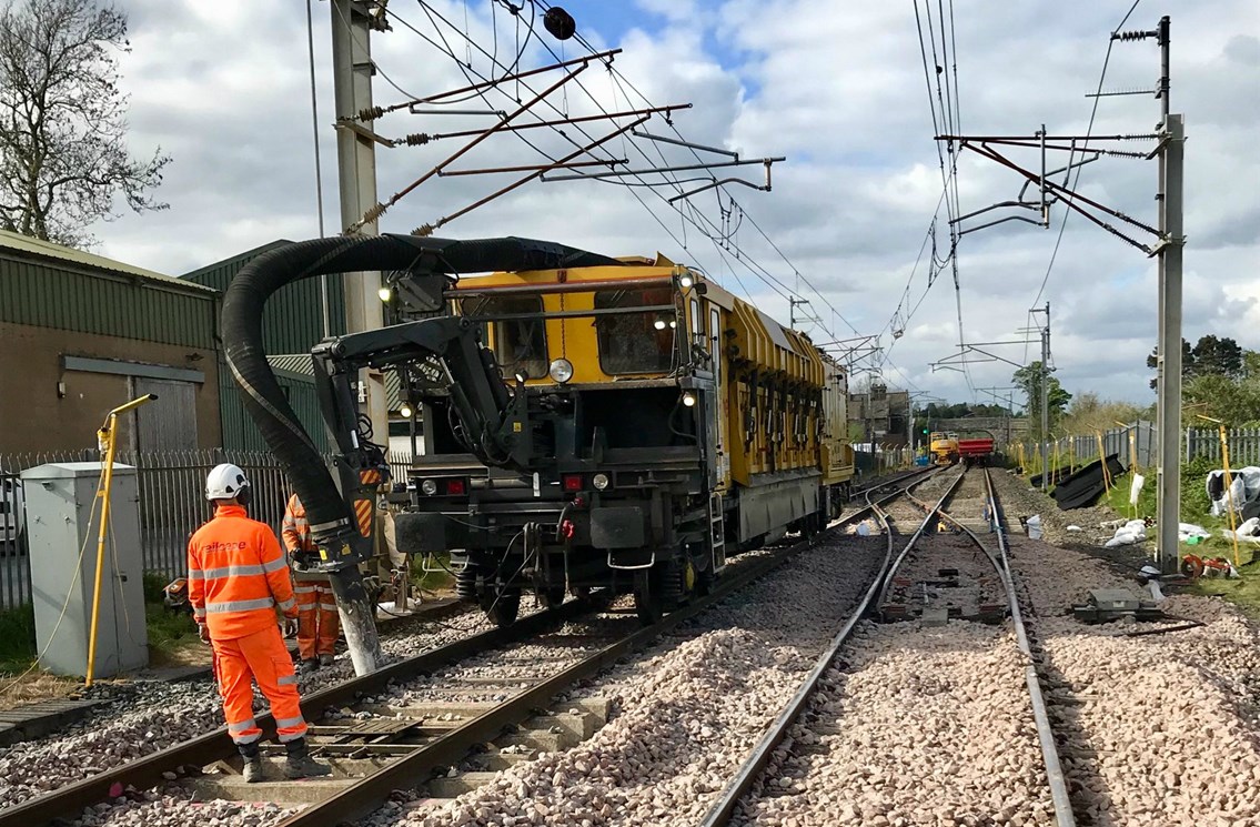 Major bank holiday railway upgrades completed with more to come later in May: Ballast cleaning in Milnthorpe Cumbria