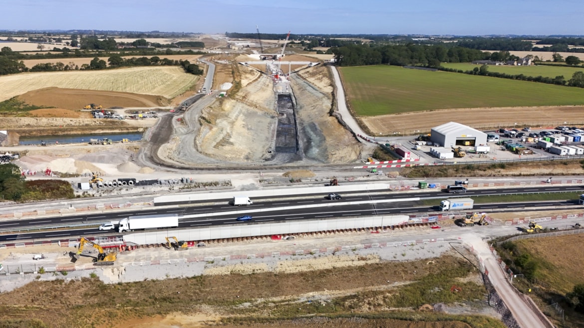 HS2 completes major A43 works during twin weekend closures: Traffic passing over HS2's A43 bridge near Brackley ahead of the excavation of the cutting that will allow trains to pass beneath July 2026