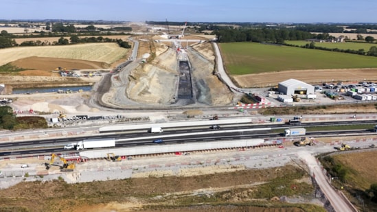 HS2 completes major A43 works during twin weekend closures: Traffic passing over HS2's A43 bridge near Brackley ahead of the excavation of the cutting that will allow trains to pass beneath July 2026