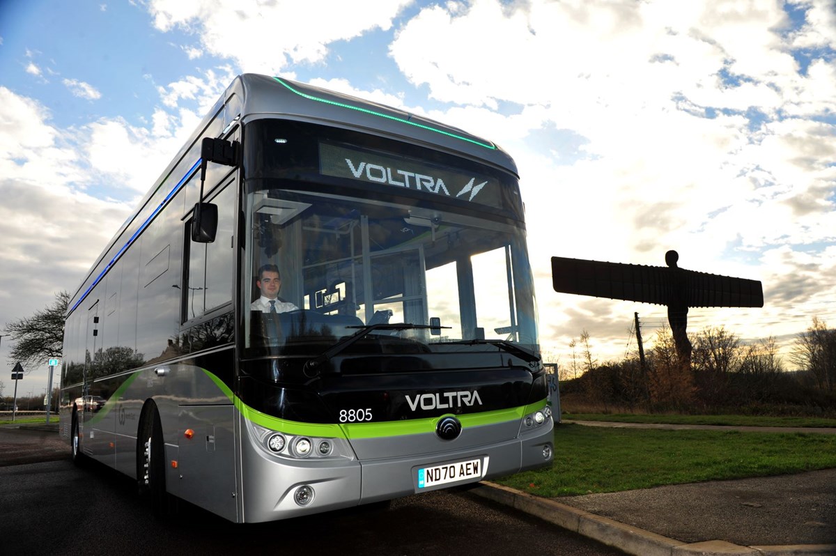 Go North East electric bus in Newcastle: Voltra fleet outside the Angel of the North