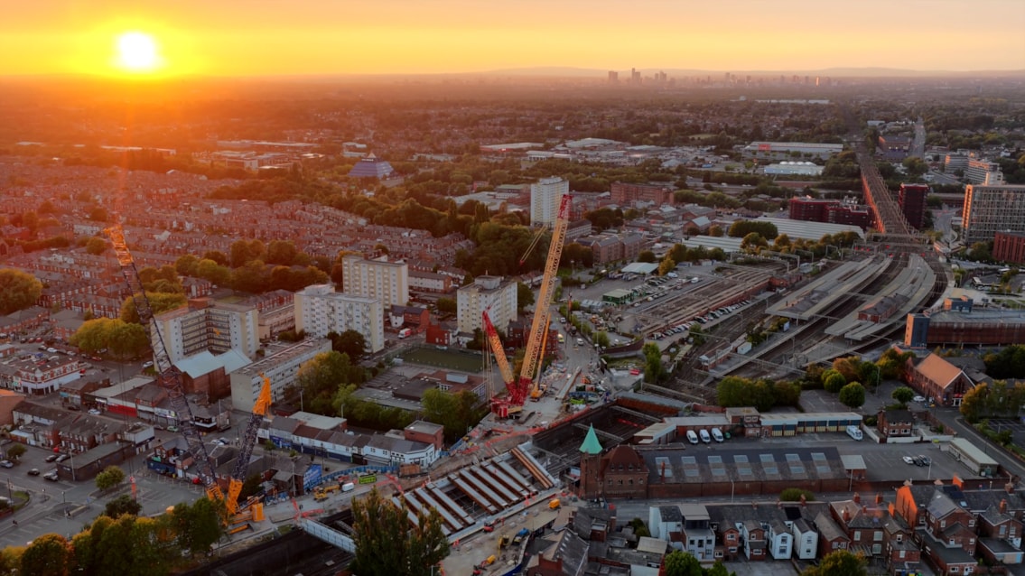 Full beams ahead: new Greek Street bridge beams installed in just four days: Sunset shot of Greek Street bridge project during week two of rebuild August 2025