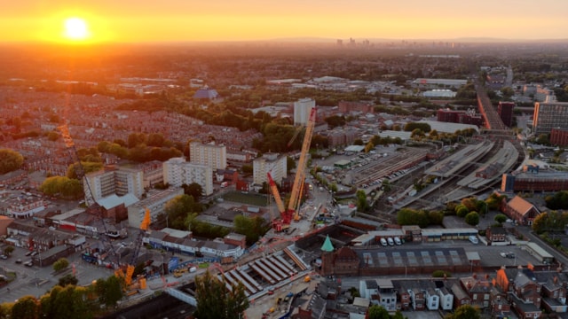 Full beams ahead: new Greek Street bridge beams installed in just four days: Sunset shot of Greek Street bridge project during week two of rebuild August 2025