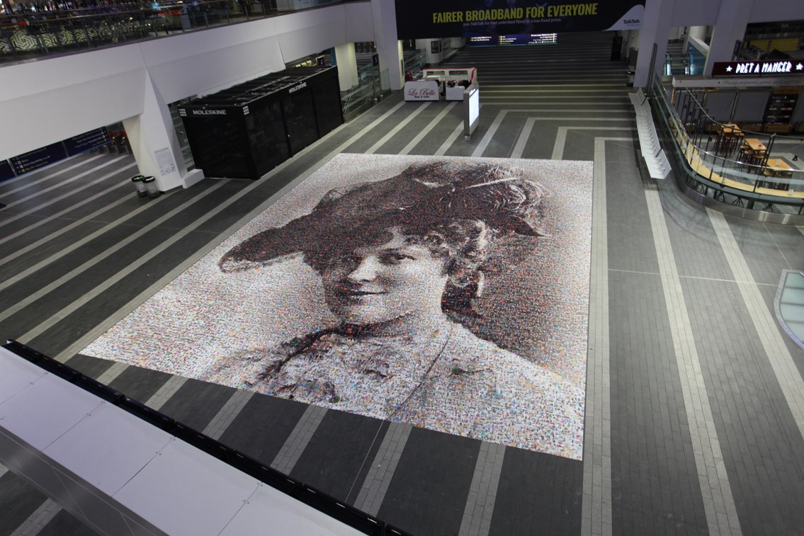 Unique ‘Face of Suffrage’ artwork unveiled at Birmingham New Street station: Unique Face of Suffrage artwork unveiled at Birmingham New Street station - from above
