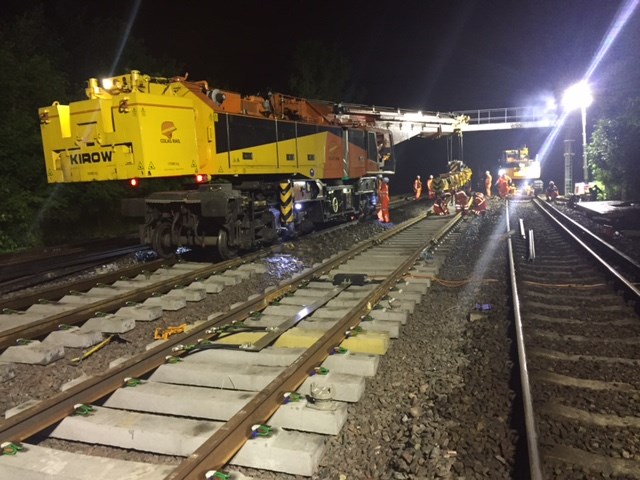 Work overnight at Chislehurst: Work overnight at Chislehurst - Kirow crane lifts a track panel into place