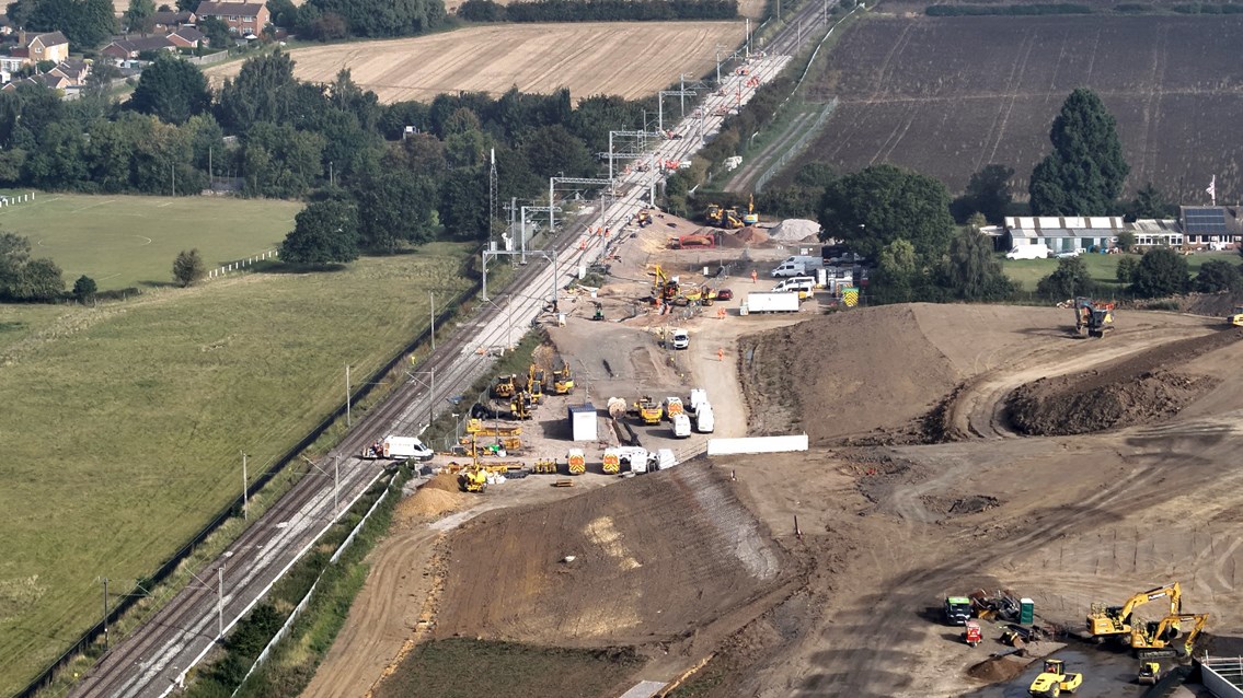 Aerial shot of new rail freight connection in Northampton