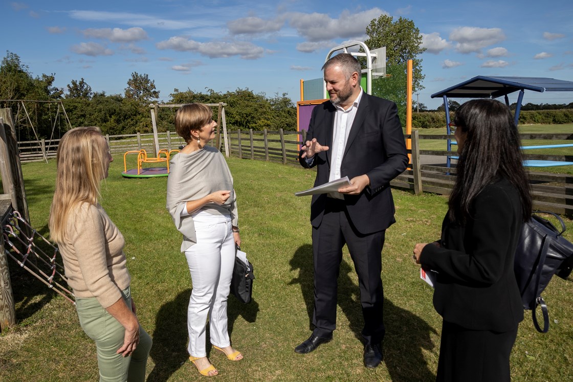 HS2 Minister visits Burton Dassett Parish Council childrens play area CEF project -2: HS2 Minister visits Burton Dassett Parish Council play area which has received funding from the HS2 Community and Environment Fund. The visit marked £10million of CEF and BLEF funding being distributed to projects on Phase One. 

Names (L-R),  Cllr Cynthia Bettany,  Burton Dassett Parish Council, Helen Hide-Wright, Clerk of Burton Dassett Parish Council, Andrew Stephenson MP, Minister for HS2, Cathy Elliott, Independent Chair of the HS2 Funds.