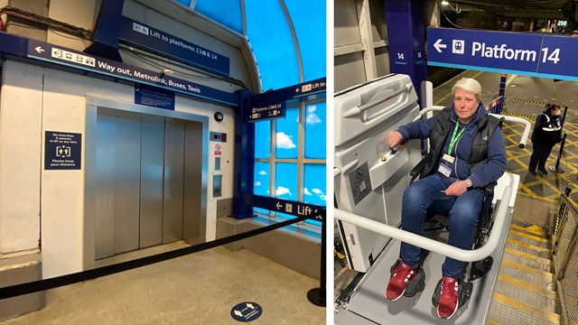 Lift off: Manchester Piccadilly lift improvements start today: Closed lift door and temporary stairlift in action to platforms 13 and 14 at Manchester Piccadilly 