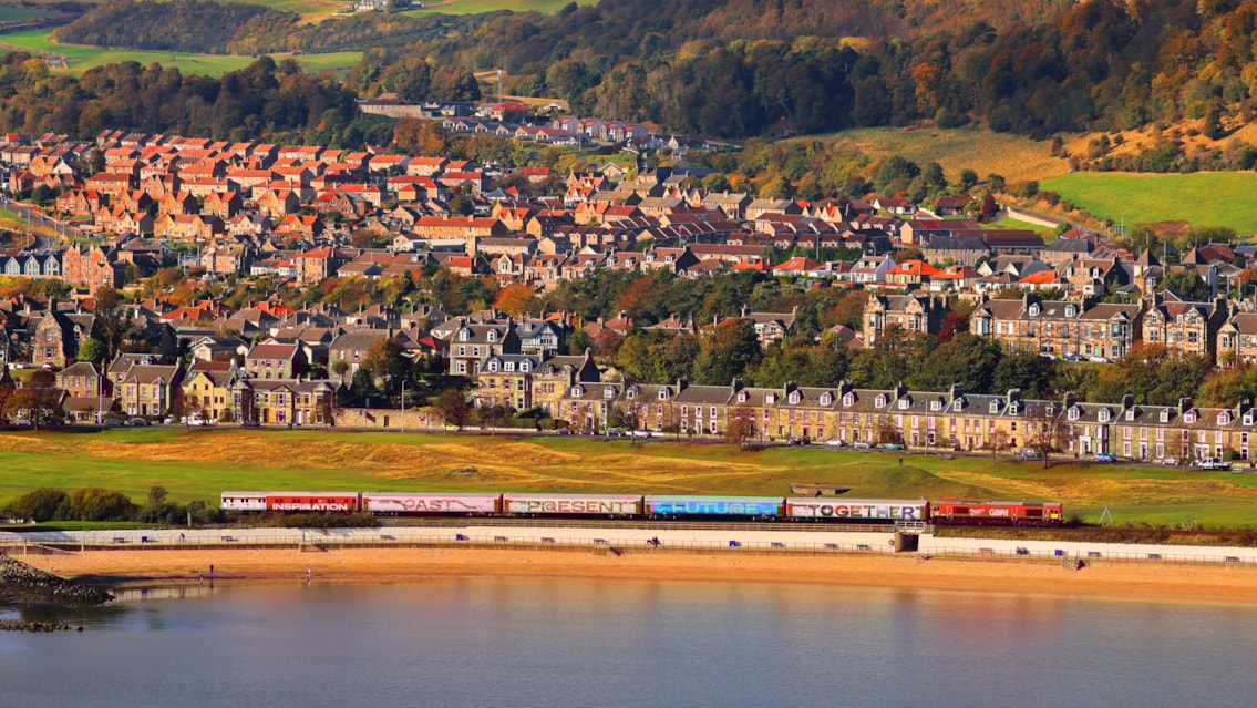 Last call! Exhibition train’s final tour dates announced: Inspiration on the Firth of Forth at Burntisland. Credit Network Rail Scotland Air Operations-2