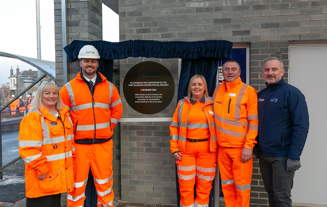 L-R Jacqueline Rae (ScotRail) Paul Shopp (STORY), Laura Craig and Rod Hendry (Network Rail) and Frank Sweeney (ScotRail)