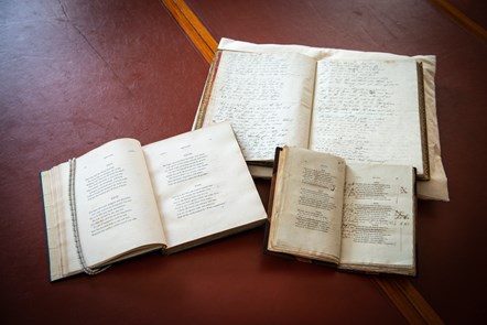Left to right: First edition of cantos I & II of Don Juan published anonymously on 15 July 1819; manuscript of Don Juan cantos I, II, V in the hand of Lord Byron, 1818-1820; proofs of Don Juan cantos I & II with annotations by John Cam Hobhouse and Lord Byron, 1819