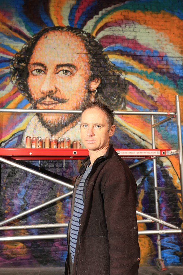 Jimmy C best portrait: Street artist Jimmy C works on a portrait of William Shakespeare on a Network Rail wall in Southwark