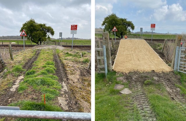 Before and after - one of the new level crossing approaches at a rural location near Somerleyton