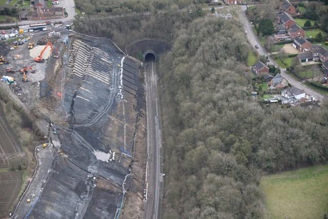 Harbury landslip - aerial, landscape: On Saturday 31 January there was an extremely significant landslip in the Harbury area between Leamington Spa and Banbury affecting both train lines and the tunnel. It's estimated that over 350,000 tonnes of material has shifted