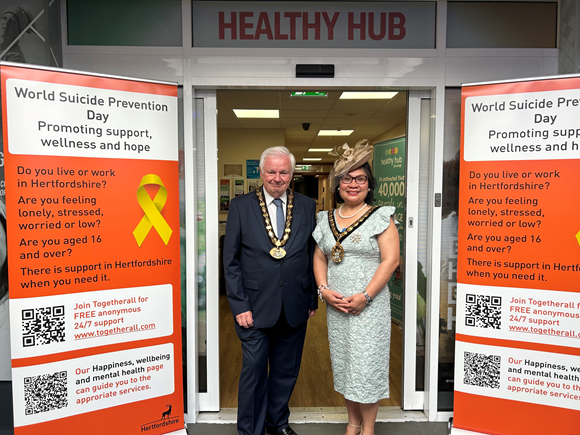 Festival of Hope and Support marks World Suicide Prevention Day: Cllr Terry Douris, Chairman of Herts County Council, and Cllr Myla Arceno, Mayor of Stevenage and the event to mark World Suicide Prevention Day