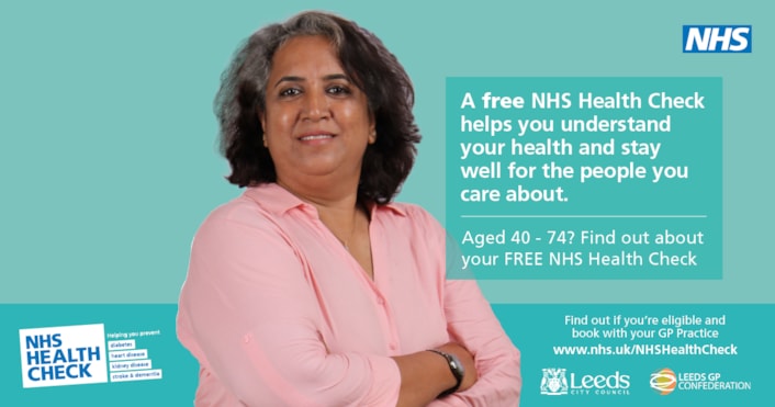NHS Health Check 3: Image shows a woman looking at the camera, wearing a pink shirt, with the message that the NHS Health Check helps you understand your health