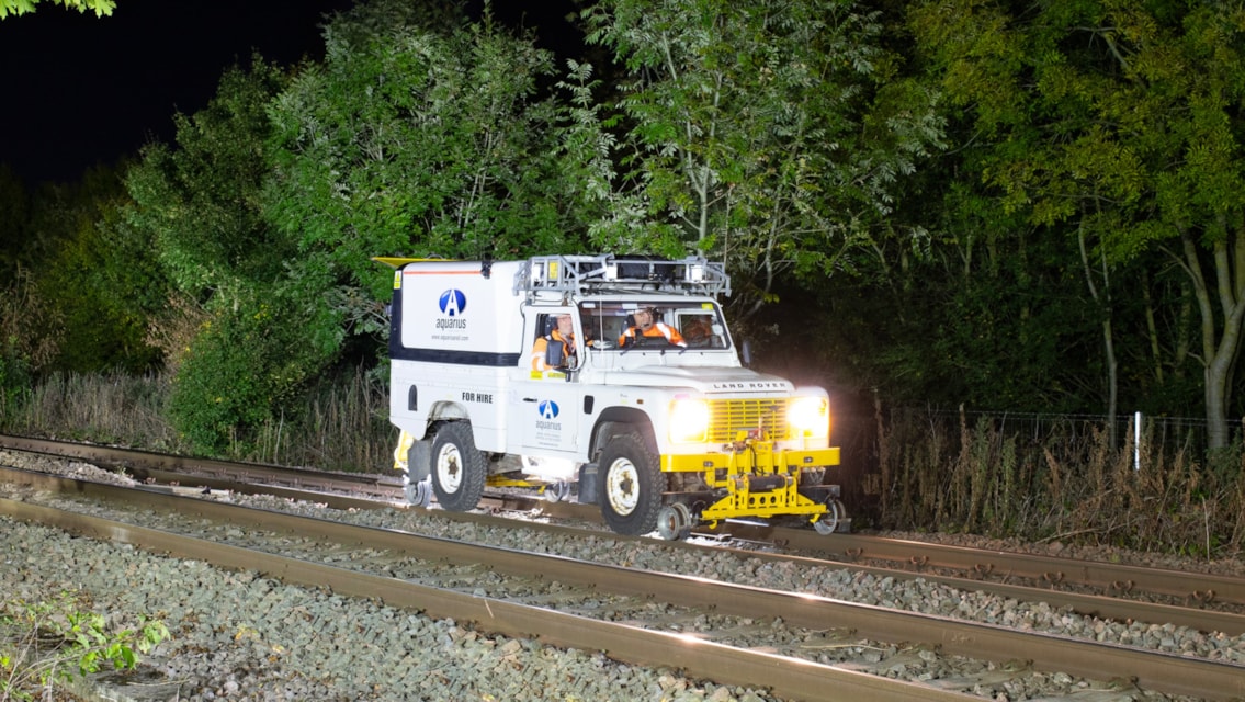 Network Rail deploys road-rail vehicle to combat autumn leaves on the line: CREDIT Jasper Schofield-Linnell