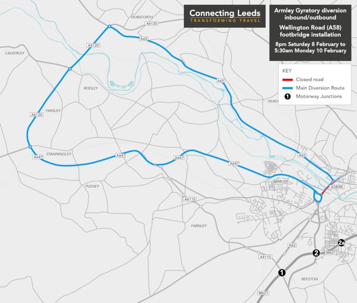 Armley Gyratory Wellington Road diversion map1 Feb 2025: Armley Gyratory Wellington Road diversion map1 Feb 2025