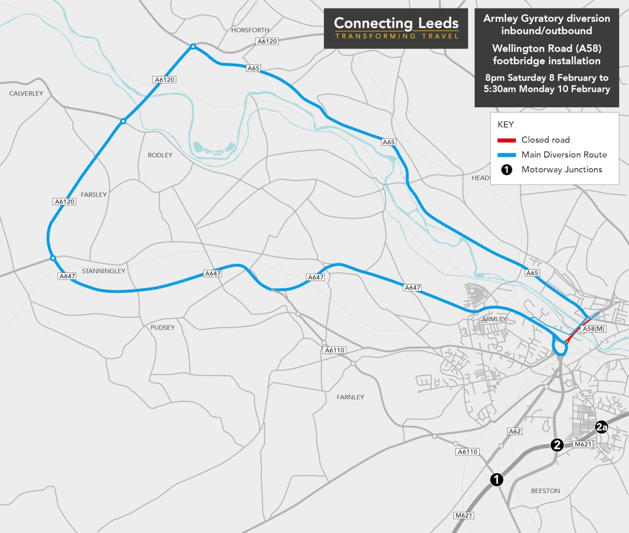 Armley Gyratory Wellington Road diversion map1 Feb 2025