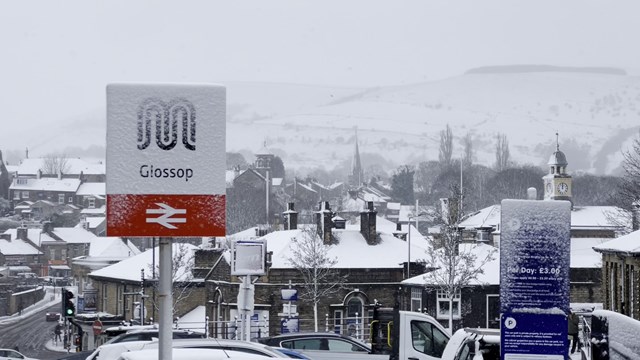 Glossop station sign during blizzard March 2023: Glossop station sign during blizzard March 2023