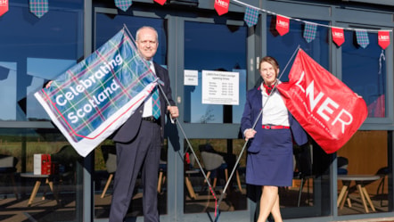LNER colleagues at the entrance to the Leuchars First Class Lounge, LNER
