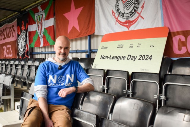 Non League Day founder James Doe at Corinthian Casuals' ground in Tolworth