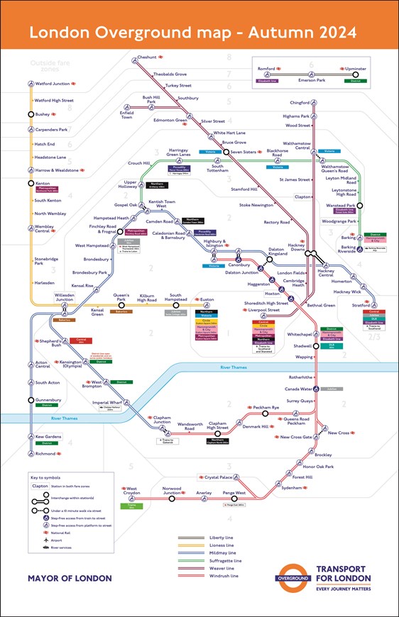 London’s Overground lines to be given new names and colours in historic change to capital’s transport network: TfL Graphic - LO line naming network map - Autumn 2024