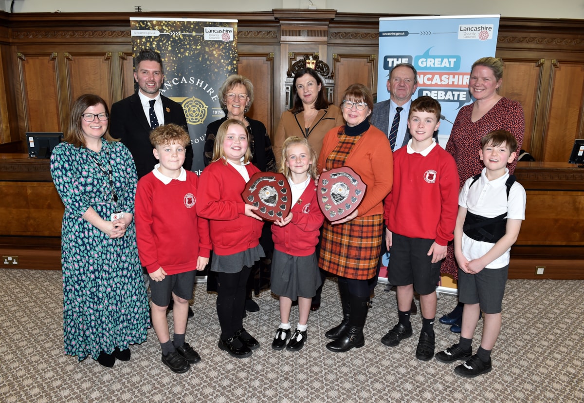 Chorley St Peter's CE Primary School (Primary Winner) students and staff with the judges