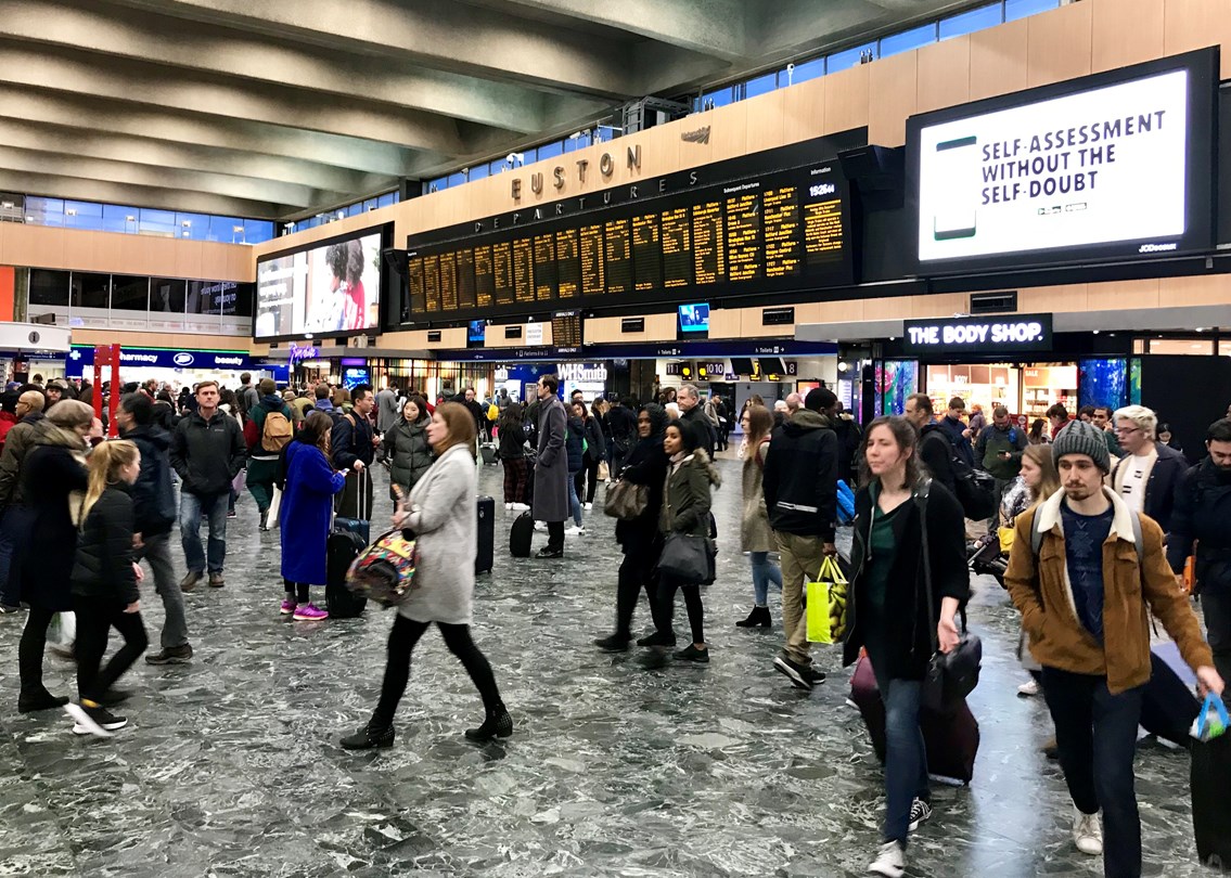 Check before you travel on the West Coast main line over Easter and early May bank holidays: Euston Station concourse December 2018