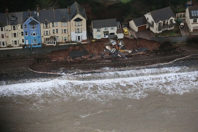 Dawlish - aerial view of the damage: Dawlish - aerial view of the damage.