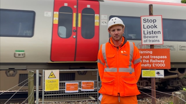 Network Rail level crossing manager Luke Cummings at a level crossing between Cardiff and Cheltenham, May 2024
